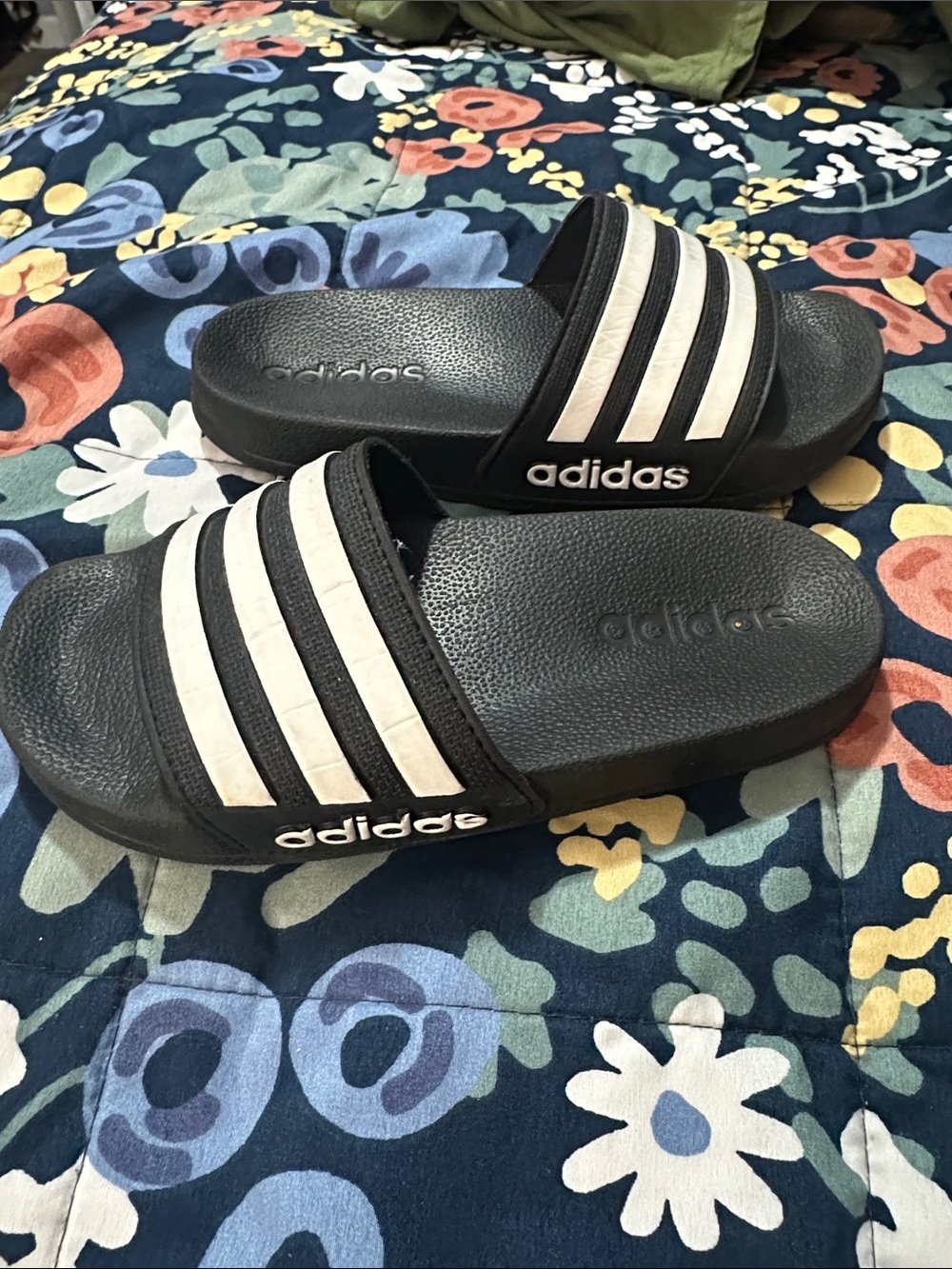 adidas Kids Black with White Stripes Slide Sandals